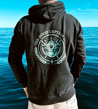 Load image into Gallery viewer, Emblem printed in gold and turquoise on a black hoody