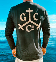 Load image into Gallery viewer, Pirate print in gold ink on black long sleeve shirt