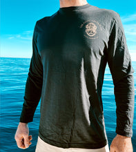 Load image into Gallery viewer, Old school diver helmet printed in gold ink on a black long sleeve