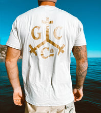 Load image into Gallery viewer, Silver tee with the pirate print in gold
